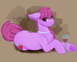 Size: 1946x1576 | Tagged: safe, artist:decemberbreeze, imported from derpibooru, berry punch, berryshine, alcohol, drink, ear piercing, earring, glass, jewelry, necklace, pearl necklace, piercing, solo, wine, wine glass