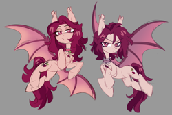 Size: 2931x1971 | Tagged: safe, artist:crimmharmony, imported from derpibooru, oc, oc only, oc:crimm harmony, bat pony, bat wings, cherry, choker, duo, ear fluff, female, flying, food, lidded eyes, looking at you, looking away, mare, nonbinary, nonbinary oc, simple background, spread wings, unamused, wings