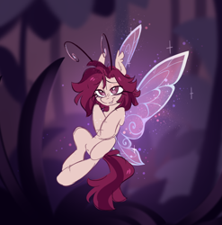 Size: 1358x1374 | Tagged: safe, artist:crimmharmony, imported from derpibooru, oc, oc:crimm harmony, breezie, antennae, breeziefied, ear fluff, ears up, flying, grin, nervous, nervous grin, nonbinary, nonbinary oc, simple background, smiling, solo, sparkles, species swap, spread wings, wings