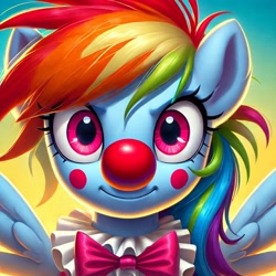 Size: 1024x1024 | Tagged: safe, imported from derpibooru, rainbow dash, pegasus, ai content, ai generated, bowtie, clown, clown nose, female, generator:bing image creator, generator:dall-e 3, mare, prompter:heydude5321, red nose, solo, wings