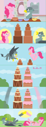 Size: 2202x6014 | Tagged: safe, artist:funny-arts, imported from derpibooru, part of a set, gabby, pinkie pie, earth pony, griffon, pony, series:gabby griffon in daily activity, baking, basket, beak, belly, cake, cloud, comic, duo, duo female, eating, eating contest, eyes closed, female, fist bump, flying, food, food baby, giant food, hammerspace belly, impossible fit, jumping, lying down, mare, on back, open beak, open mouth, open smile, part of a series, ponytail, round belly, sky, smiling, spread wings, stuffed, stuffed belly, stuffing, window, wings