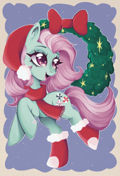 Size: 3398x4961 | Tagged: safe, artist:faelitha, imported from derpibooru, minty, earth pony, pony, bow, christmas, cute, g3, hat, holiday, my little pony, pink hair, santa hat, solo