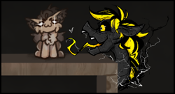 Size: 1280x690 | Tagged: safe, artist:dorkmark, artist:jehr, imported from derpibooru, oc, oc only, oc:dima, oc:jehr, fluffy pony, lizard, lizard pony, original species, pegasus, pony, :3, black and yellow, black eye, black sclera, chest fluff, collaboration, drool, drool string, duo, ear fluff, electricity, fangs, floppy ears, gift art, gray background, gray body, heart, implied vore, long neck, micro, open mouth, sharp teeth, shelf, shrunken pupils, simple background, sitting, sketch, soft vore, sparkles, sparkly eyes, teeth, tongue out, vore, wingding eyes, wings, wood, yellow eyes, yellow mane, yellow tongue