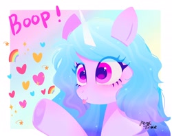 Size: 2048x1620 | Tagged: safe, artist:petaltwinkle, imported from derpibooru, izzy moonbow, pony, unicorn, :p, boop, female, g5, heart, horn, mare, rainbow, raised hoof, solo, solo female, tongue out