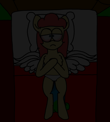 Size: 3023x3351 | Tagged: safe, artist:professorventurer, imported from derpibooru, oc, oc:power star, pegasus, bed, bloodshot eyes, clothes, dark, depression, female, mare, night, panties, pegasus oc, rule 85, spread wings, super mario 64, super mario bros., underwear, wings