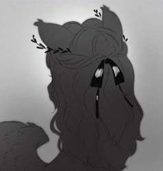 Size: 3895x4096 | Tagged: safe, artist:opalacorn, imported from derpibooru, oc, oc only, oc:void, pegasus, pony, black and white, bow, bust, female, gradient background, grayscale, hair bow, laurel wreath, mare, monochrome, rear view, solo