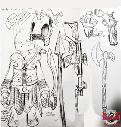 Size: 3342x3512 | Tagged: safe, imported from derpibooru, anthro, pony, armor, axe, base, basic slate, concept art, diagram, gauntlet, gun, handgun, helmet, male, mlha, my little hazards area, pencil drawing, pistol, reference sheet, rifle, royal guard, royal guard armor, royale my ass, royale rifle, spear, sword, traditional art, weapon