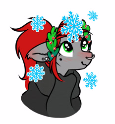 Size: 2708x2918 | Tagged: safe, artist:opalacorn, imported from derpibooru, oc, oc:void, pegasus, pony, clothes, female, holly, laurel wreath, looking up, mare, mole, nose blush, nose piercing, nose ring, piercing, scarf, simple background, smiling, snow, snowflake, solo, wavy mouth, white background, winter