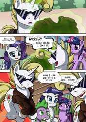 Size: 1204x1700 | Tagged: safe, artist:tarkron, imported from derpibooru, rarity, spike, twilight sparkle, oc, oc:cosmo cool, alicorn, unicorn, comic:the royal sandal, comic, horn