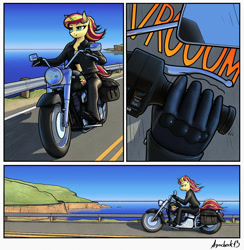 Size: 1135x1164 | Tagged: safe, artist:apocheck13, sunset shimmer, anthro, biker jacket, breasts, clothes, female, gloves, motorcycle, solo