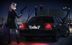 Size: 1026x642 | Tagged: safe, artist:apocheck13, bon bon, sweetie drops, anthro, breasts, car, clothes, female, ford, gun, night, solo, tuxedo, weapon