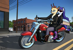 Size: 812x554 | Tagged: safe, artist:apocheck13, rarity, oc, oc only, anthro, deer, boots, breasts, clothes, deer oc, duo, female, glasses, male and female, motorcycle, shoes