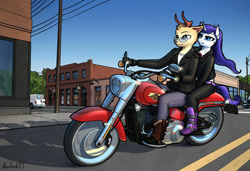 Size: 812x554 | Tagged: safe, artist:apocheck13, rarity, oc, oc only, anthro, goat, biker jacket, boots, breasts, female, male and female, motorcycle, shoes