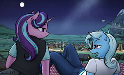 Size: 1267x764 | Tagged: safe, artist:apocheck13, starlight glimmer, trixie, anthro, breasts, clothes, duo, duo female, female, looking at each other, sitting