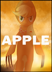 Size: 588x803 | Tagged: safe, imported from derpibooru, applejack, earth pony, pony, apple, bipedal, claws, crossover, food, marvel, movie poster, movie reference, my little pony, parody, standing, sunset, wolverine, wtf, x-men