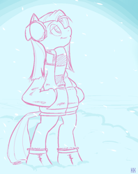 Size: 741x937 | Tagged: safe, artist:anonymous, imported from derpibooru, pinkie pie, semi-anthro, boots, clothes, drawthread, female, hand in pocket, lidded eyes, pinkamena diane pie, relaxed, requested art, shoes, smiling, snow, solo, winter outfit