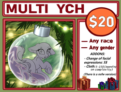 Size: 4400x3330 | Tagged: safe, alternate version, artist:yuris, imported from derpibooru, pony, advertisement, ball, bauble, christmas, christmas ornament, christmas tree, commission, cute, decoration, frog (hoof), garland, glass, holiday, looking at you, looking back, micro, open mouth, sitting, solo, tree, underhoof, ych sketch, your character here