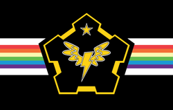 Size: 984x624 | Tagged: safe, artist:mustaphatr, imported from derpibooru, equestria at war mod, black background, cloudsdale, flag, no pony, rainbow, simple background, stars, the new order: last days of europe, wonderbolts logo