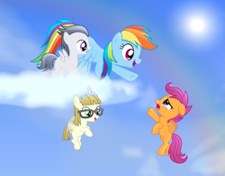 Size: 2773x2163 | Tagged: safe, artist:rainbownspeedash, imported from derpibooru, rainbow dash, rumble, scootaloo, zippoorwhill, pegasus, pony, buzzing wings, cheering, cloud, cloudy, colt, female, filly, foal, male, mare, scootaloo can fly, scootalove, wings