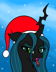 Size: 1177x1500 | Tagged: safe, artist:vomitvomiting, imported from derpibooru, queen chrysalis, pony, looking at you, simple background, solo, tongue out