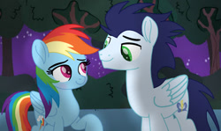 Size: 1280x764 | Tagged: safe, artist:soarindasher10, imported from derpibooru, rainbow dash, soarin', pegasus, pony, blushing, female, looking at each other, looking at someone, male, mare, shipping, smiling, smiling at each other, soarindash, stallion, straight