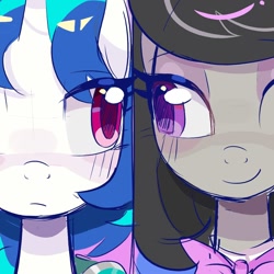 Size: 1000x1000 | Tagged: safe, artist:rlabbiy, imported from derpibooru, dj pon-3, octavia melody, vinyl scratch, earth pony, pony, unicorn, blushing, bowtie, close-up, detached collar, female, horn, looking at each other, looking at someone, mare, one eye closed, smiling, wink