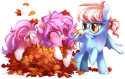 Size: 1432x904 | Tagged: safe, artist:oddysies, imported from derpibooru, oc, oc only, oc:cherry blossom, oc:cloud jumper, pegasus, pony, duo, female, glasses, leaves, leaves in hair, looking at each other, mare, open mouth, open smile, simple background, smiling, tied mane, transparent background