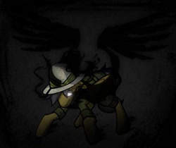 Size: 1727x1448 | Tagged: safe, artist:bunnyshrubby, imported from derpibooru, daring do, pony of shadows, oc, oc only, pegasus, pony, shadow pony, equestria at war mod, black, blank eyes, clothes, curved horn, dark, female, glowing, glowing eyes, hat, horn, my little pony, possessed, shirt, solo, venom, wings