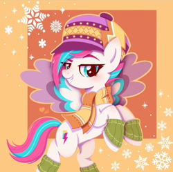 Size: 608x606 | Tagged: safe, artist:ghots_of_anarchy, imported from derpibooru, zipp storm, pegasus, pony, clothes, female, g5, looking at you, mare, my little pony: make your mark, passepartout, solo, winter outfit, winter wishday