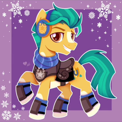 Size: 608x607 | Tagged: safe, artist:ghots_of_anarchy, imported from derpibooru, hitch trailblazer, earth pony, pony, clothes, g5, looking at you, male, my little pony: make your mark, passepartout, solo, stallion, winter outfit, winter wishday