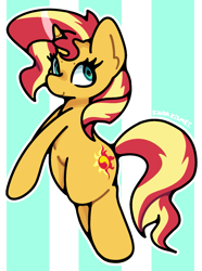 Size: 1321x1778 | Tagged: safe, artist:kindakismet, imported from derpibooru, sunset shimmer, pony, unicorn, abstract background, horn, smiling, solo, striped background