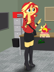 Size: 1620x2160 | Tagged: safe, artist:gibsterboy5, imported from derpibooru, sunset shimmer, human, equestria girls, bag, board, boots, clothes, complex background, cutie mark, ear piercing, earring, female, handbag, high heel boots, high heels, jacket, jewelry, leather, leather boots, leather jacket, leather skirt, long neck, miniskirt, office, piercing, platform boots, pointing, shelf, shoes, signature, skirt, solo, standing, table, text, trash can, wristband