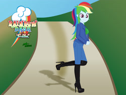 Size: 3840x2880 | Tagged: safe, artist:gibsterboy5, imported from derpibooru, rainbow dash, human, equestria girls, black shoes, boots, breasts, clothes, complex background, cute, cutie mark, dashabetes, denim, denim jacket, female, high heel boots, high heels, high res, jacket, jeans, leather, leather boots, looking at you, outdoors, pants, platform boots, platform heels, platform shoes, road, shadow, shirt, shoes, signature, smiling, smiling at you, solo, standing, standing on one leg, text