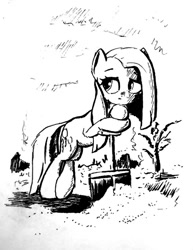 Size: 600x777 | Tagged: safe, artist:anonymous, imported from derpibooru, pinkie pie, earth pony, pony, crossed legs, drawthread, female, grayscale, leaning, leaning on shovel, mare, monochrome, pinkamena diane pie, requested art, shovel, snow, solo, tree