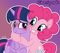 Size: 1020x903 | Tagged: safe, artist:firesparkmlp, imported from derpibooru, pinkie pie, twilight sparkle, alicorn, earth pony, blushing, female, hug, lesbian, shipping, smiling, twilight sparkle (alicorn), twinkie