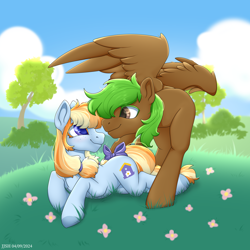 Size: 4134x4134 | Tagged: safe, artist:jjsh, imported from derpibooru, oc, oc only, oc:aurelia coe, oc:peatmoss, earth pony, pegasus, pony, bow, bush, cloud, cute, cute face, female, field, flower, grass, high res, looking at each other, looking at someone, lying down, male, mare, nature, outdoors, smiling, smiling at each other, stallion, tail, tail bow, tree, wings