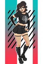 Size: 1920x2880 | Tagged: safe, artist:slh, imported from derpibooru, oc, oc only, oc:nixie tube, human, abstract background, boots, clothes, collar, fishnet clothing, fishnets, freckles, glasses, goth, hand on hip, humanized, humanized oc, lipstick, shirt, shoes, skirt, socks, solo, stockings, t-shirt, thigh highs