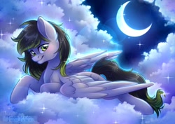 Size: 2048x1448 | Tagged: safe, artist:tokokami, imported from derpibooru, oc, oc only, oc:silver moon, pegasus, pony, blushing, cloud, cute, daaaaaaaaaaaw, female, looking at you, lying down, mare, moon, night, ocbetes, scenery, scenery porn, sky, smiling, solo, stars