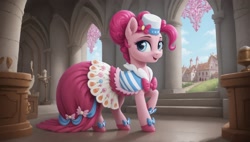 Size: 2560x1456 | Tagged: safe, imported from derpibooru, pinkie pie, earth pony, ai content, ai generated, clothes, dress, gala dress, prompter:cypher, solo