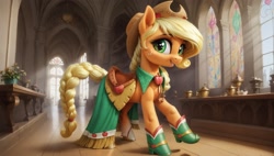 Size: 2560x1456 | Tagged: safe, imported from derpibooru, applejack, earth pony, ai content, ai generated, clothes, dress, gala dress, prompter:cypher