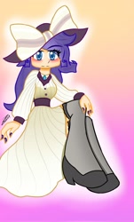 Size: 1235x2048 | Tagged: safe, artist:tsumury, imported from derpibooru, rarity, human, blushing, bow, clothes, gradient background, hat, humanized, light skin, painted nails, raristocrat, rose dewitt bukater, shoes, signature, solo, titanic