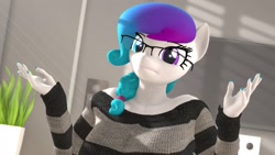 Size: 2048x1152 | Tagged: safe, artist:anthroponiessfm, oc:aurora starling, anthro, 3d, breasts, clothes, female, glasses, heterochromia, solo, solo female, sweater