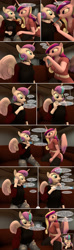 Size: 1440x4897 | Tagged: safe, artist:spud, imported from derpibooru, princess cadance, princess flurry heart, anthro, comic:unlikely valentine, 3d, blushing, choker, comic, conversation, eating, embarrassed, food, implied incest, leaning forward, living room, looking at each other, looking at someone, oh crap face, pizza, sitting, source filmmaker, speech bubble, talking