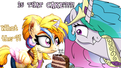 Size: 4596x2586 | Tagged: safe, artist:yourboimario, imported from derpibooru, golden feather, princess celestia, alicorn, pony, spoiler:comic, spoiler:comic65, alternate universe, braid, braided ponytail, cake, cakelestia, curved horn, dialogue, disguise, female, food, high res, horn, mare, ponytail, self paradox, self ponidox, simple background, transparent background