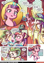 Size: 3541x5121 | Tagged: safe, artist:baban illustration, artist:lummh, imported from derpibooru, princess cadance, princess celestia, sunset shimmer, alicorn, pony, unicorn, comic:the princess of love, absurd resolution, book, canterlot castle interior, comic, cute, cutedance, emanata, female, filly, filly sunset shimmer, foal, food, glowing, glowing horn, horn, levitation, looking at each other, looking at someone, magic, male, mare, mirror, patreon, patreon logo, quill pen, speech bubble, stallion, teen princess cadance, telekinesis, younger