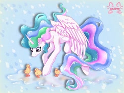 Size: 1024x768 | Tagged: safe, artist:niveria25, imported from derpibooru, princess celestia, alicorn, bird, duck, pony, cute, duckling, female, looking at something, looking down, mare, missing accessory, smiling, solo