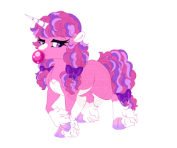 Size: 4300x3600 | Tagged: safe, artist:gigason, imported from derpibooru, oc, oc only, oc:bubblegum bell, pony, unicorn, blowing bubblegum, bow, bubblegum, cloven hooves, coat markings, colored hooves, colored horn, colored pinnae, facial markings, female, fetlock tuft, food, gradient hooves, grid adoptable, gum, hair bow, hooves, horn, lidded eyes, mare, obtrusive watermark, offspring, pale belly, parent:clover the clever, parent:pinkie pie, pigtails, purple eyes, simple background, socks (coat markings), solo, standing, stripe (coat marking), striped horn, tail, tail bow, transparent background, unicorn oc, watermark