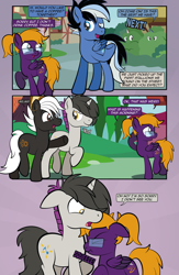 Size: 1920x2948 | Tagged: safe, artist:alexdti, imported from derpibooru, oc, oc only, oc:bass sparks, oc:purple creativity, oc:shadow gear, oc:thistle tube, earth pony, pegasus, pony, unicorn, comic:quest for friendship retold, glasses, horn, male, scrunchy face, stallion