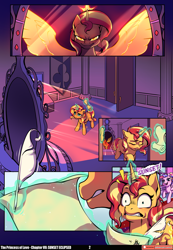 Size: 3541x5121 | Tagged: safe, artist:baban illustration, artist:lummh, imported from derpibooru, princess cadance, sunset shimmer, alicorn, pony, unicorn, comic:the princess of love, absurd resolution, alicornified, artificial wings, augmented, canterlot castle interior, comic, cute, cutedance, emanata, female, filly, filly sunset shimmer, foal, glowing, glowing horn, horn, imagine spot, levitation, magic, magic wings, mare, mirror, patreon, patreon logo, quill pen, race swap, reflection, scroll, shimmercorn, speech bubble, startled, teen princess cadance, telekinesis, wings, younger, younger sunset