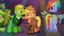 Size: 1916x1080 | Tagged: safe, artist:uspen, imported from derpibooru, applejack, rainbow dash, oc, oc:applesnack, oc:steelhooves, oc:wooden toaster, earth pony, fly, insect, pegasus, pony, fallout equestria, background pony, butt, chair, clothes, coat, complex background, cupcake, flying, food, green pony, hair bun, hat, looking at each other, looking at someone, observer, party, plot, poster, raised hoof, rear view, rubber band, shoulder pads, smiling, smiling at each other, spread wings, surprised, talking, tray, uniform, whispering, wings